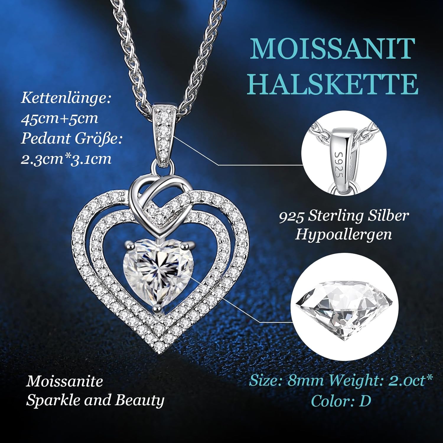 Thumbnail 3 de CDE Damen Moissanite Halskette Doppelherz aus Silber 925 – 18" + 2" Verlängerung, D-Farbe, VVS1