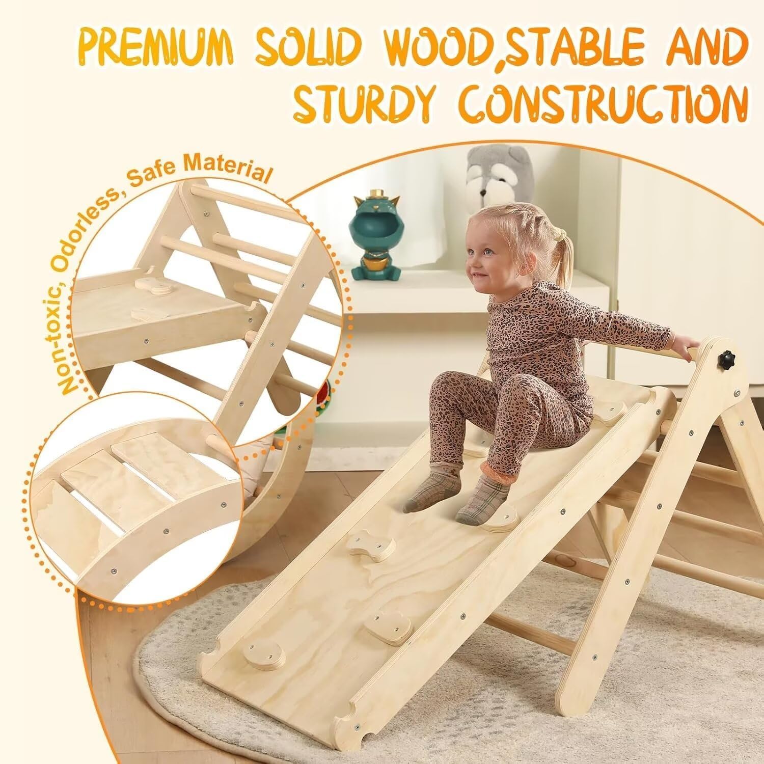 Detalle de Yopnoyik Pikler Triangle Set with Cushion – 7 in 1 Indoor Wooden Climbing Toy for Toddlers