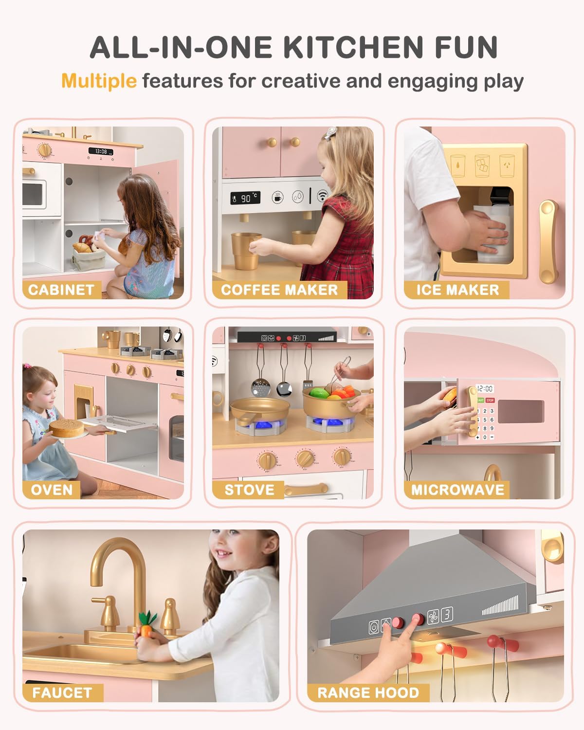Detalle de Babytronic Wooden Play Kitchen Set (Pink) for 3+ | Lighted stove, oven, microwave & 31 accessories