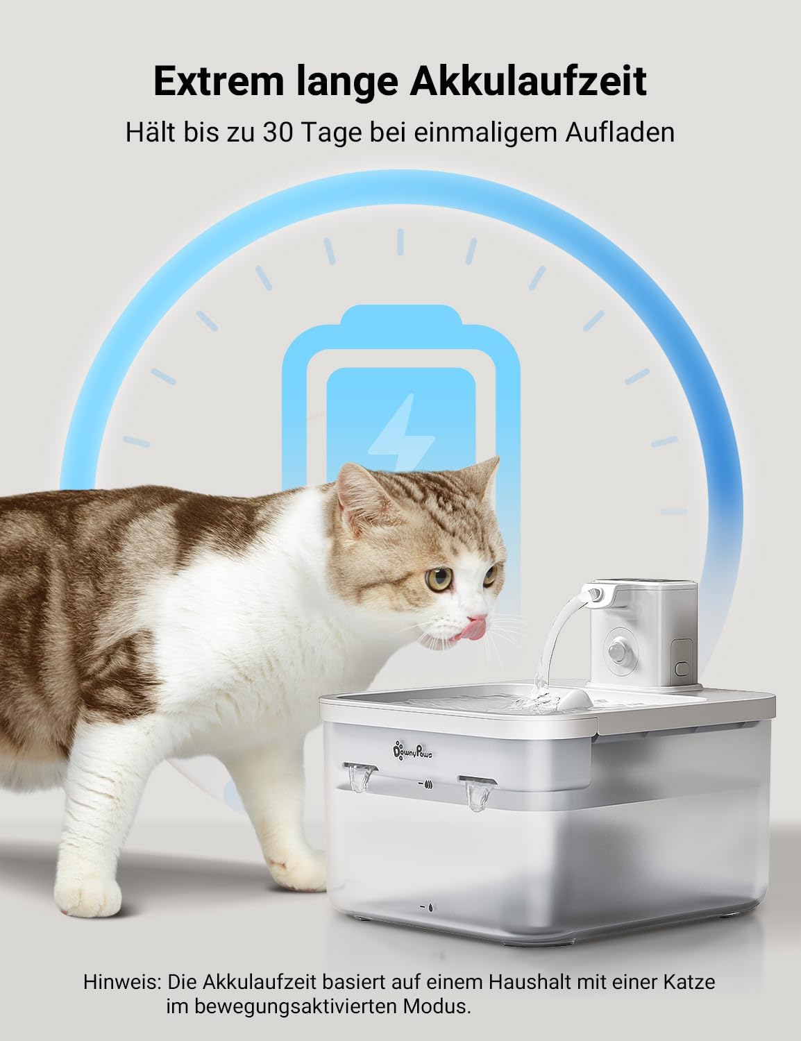 Thumbnail 3 de DownyPaws Katzenbrunnen kabellos mit Bewegungsmelder, 2,5 l, batteriebetrieben (4000 mAh) – weiß