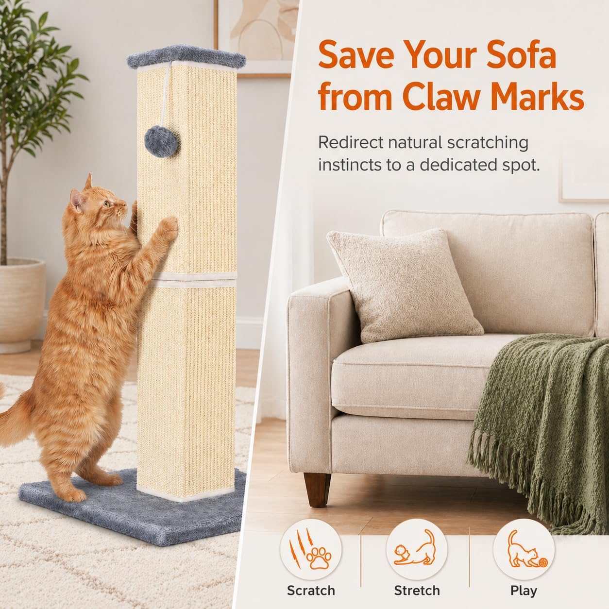 Detalle de YULOYI Cat Scratching Post for Large Indoor Cats – 81cm, Natural Sisal, Stable Base, Grey