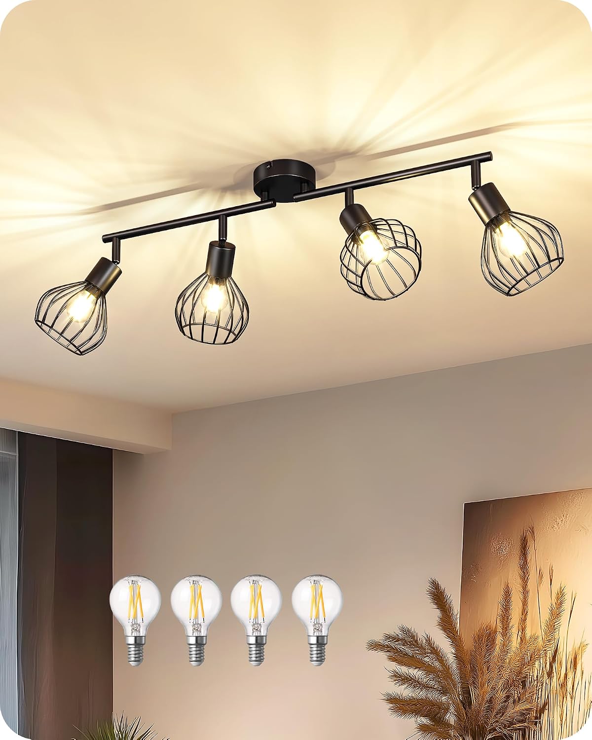 Detalle de EDISHINE 4 Way Spotlights Ceiling Lights with 4 E14 LEDs – 3000K, Black Iron Cage
