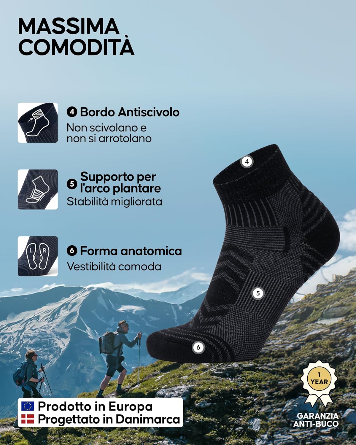 Detalle de DANISH ENDURANCE Calze Trekking Lana Merino – Trekking Corte, anti- vesciche, unisex, 3 paia