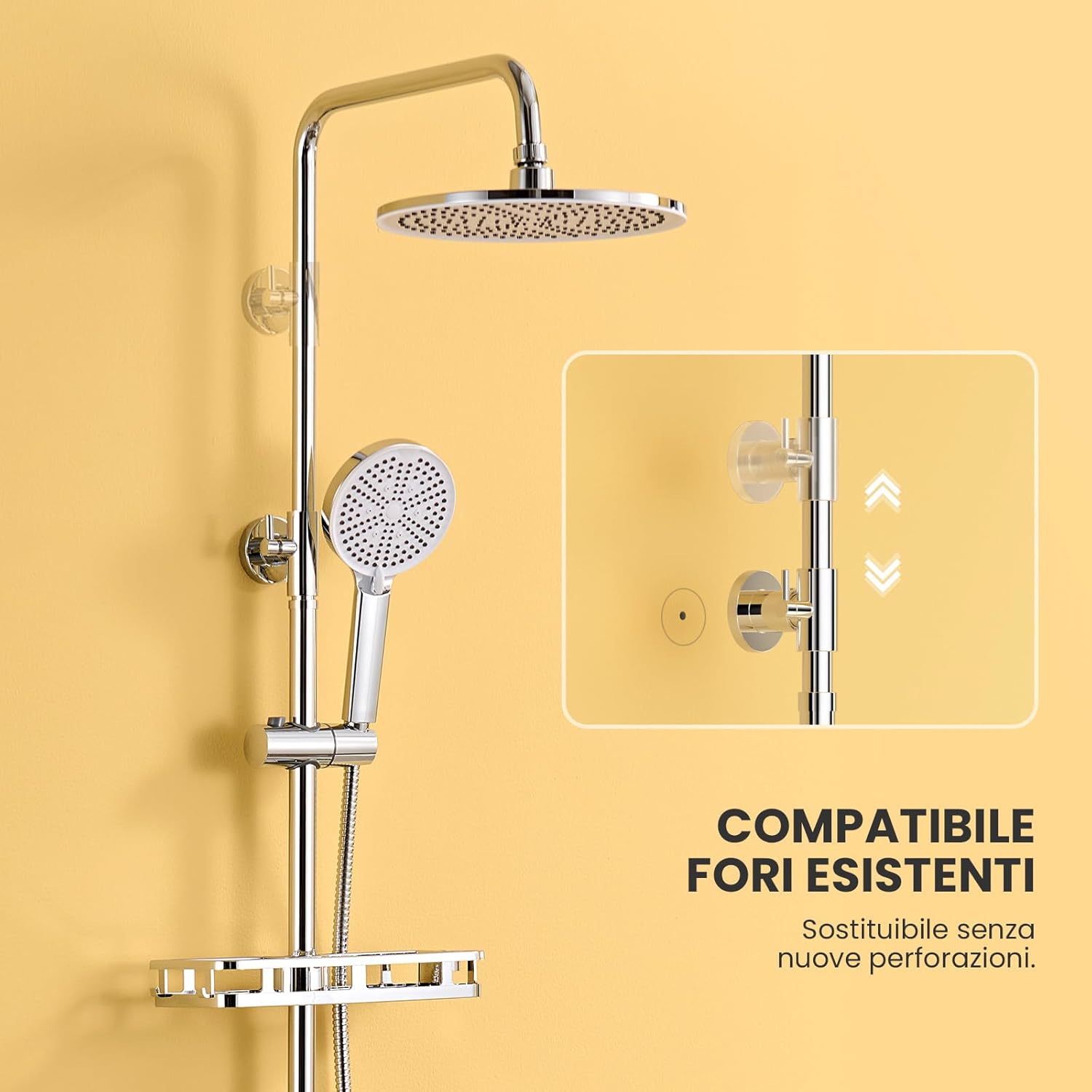 Detalle de Auralum Colonna Doccia con Mensola, Soffione Rotondo 25 cm e Doccetta, Altezza 72–110 cm, Colonna Doccia senza Miscelatore, Cromo