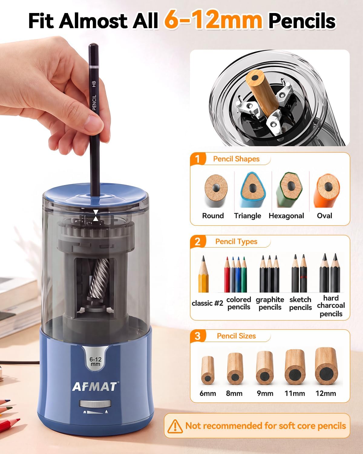 Detalle 2 de AFMAT PS93 Electric Pencil Sharpener for 6–12 mm Pencils, Auto Stop, 2 Settings
