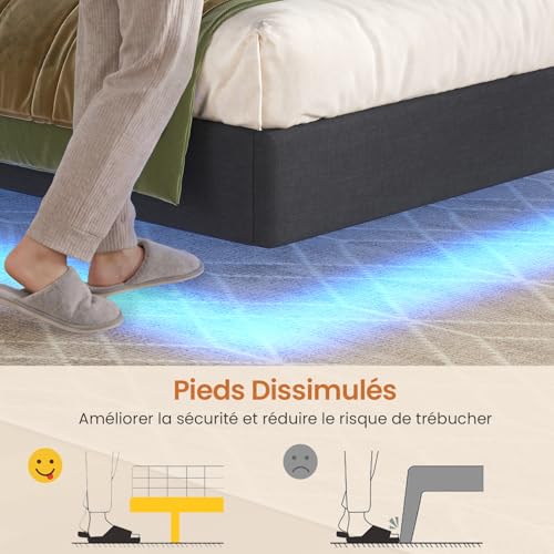 Detalle de KIMENICH Cadre de Lit 140x190 – Lit flottant avec éclairage LED, rangement et station de charge intégrée