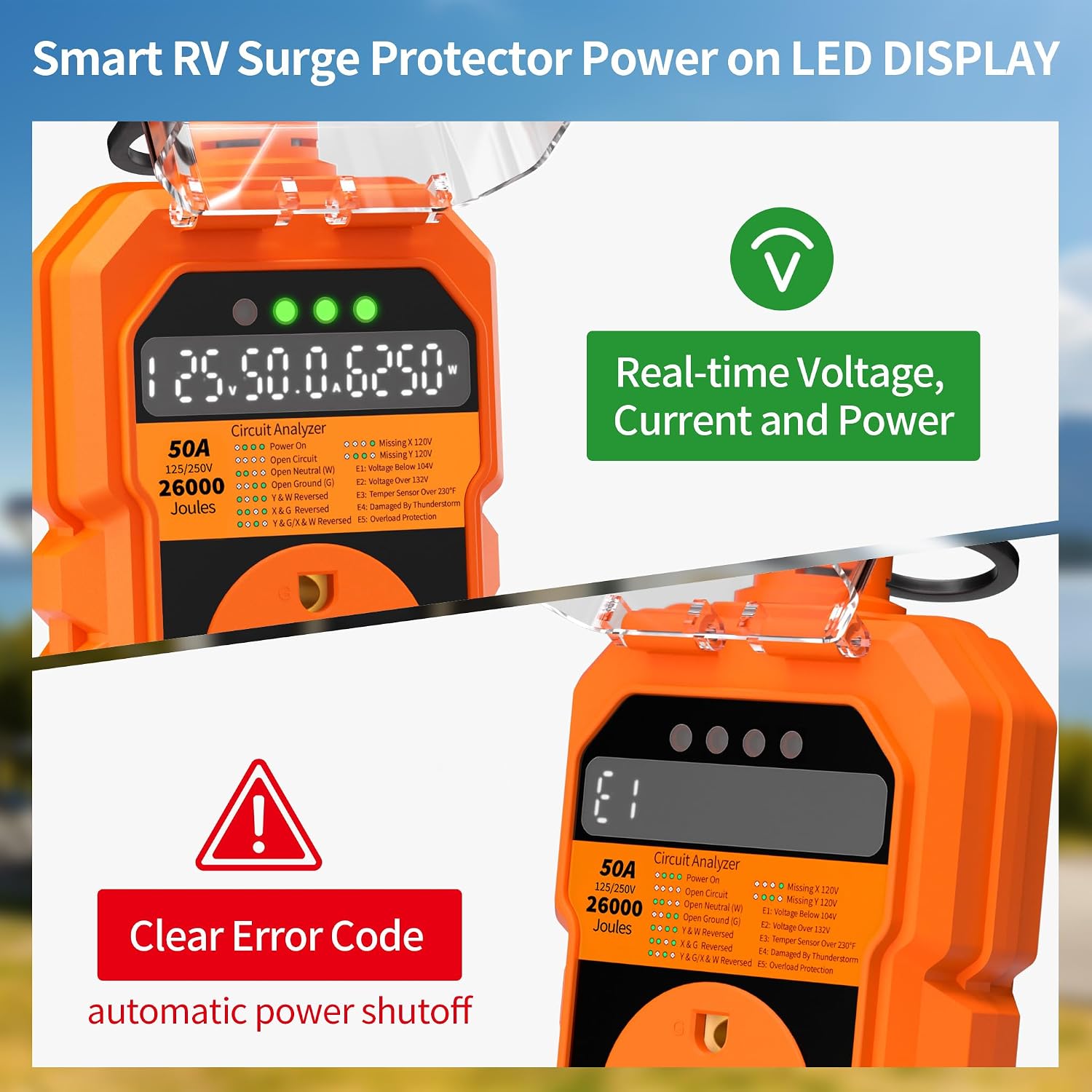 Detalle de POWGRN 50 Amp RV Surge Protector, 26,000J with LED Monitoring