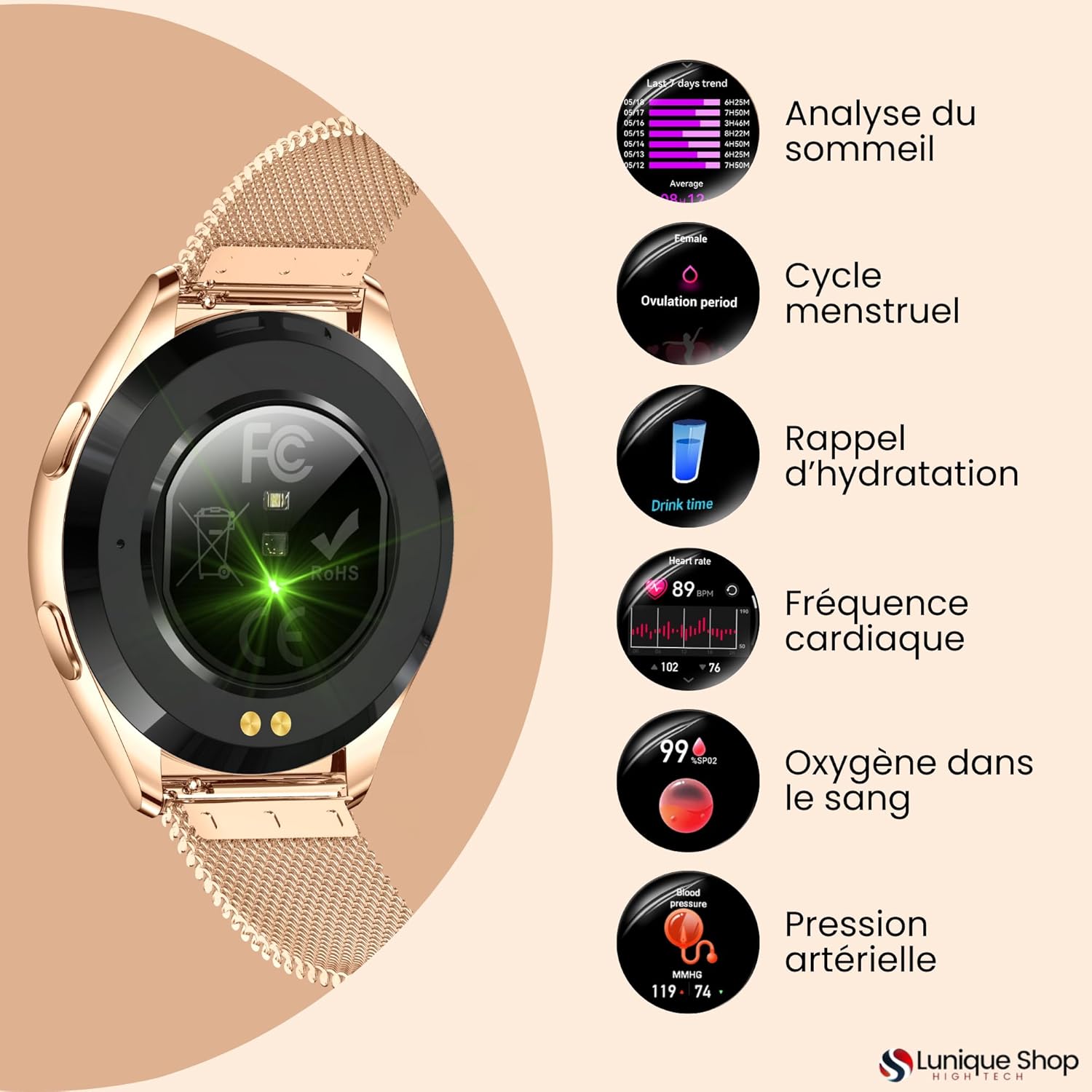 Thumbnail 3 de LUNIQUESHOP LSWATCH V2 montre connectée femme Bluetooth, cardio, sommeil, podomètre et appels