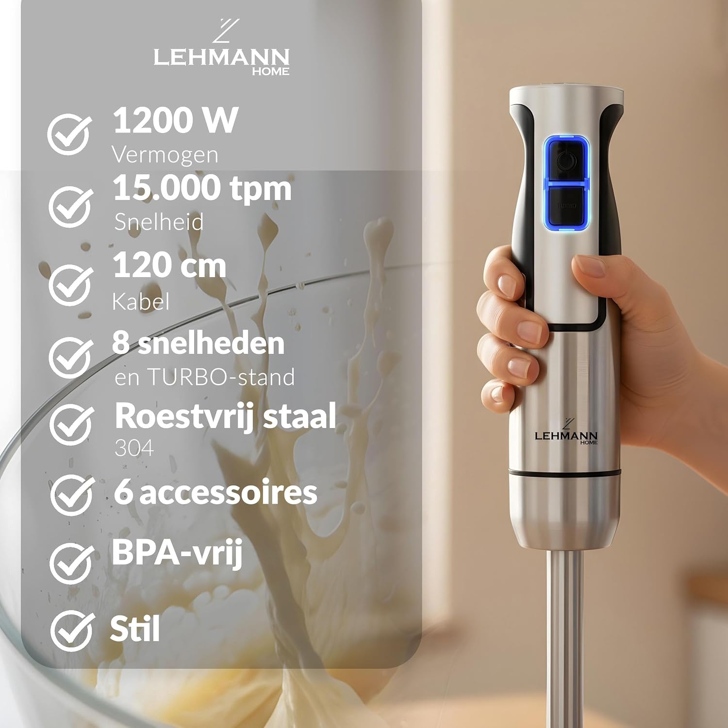 Detalle de Lehmann Chowmei staafmixerset 1200 W met 8 standen en turbofunctie