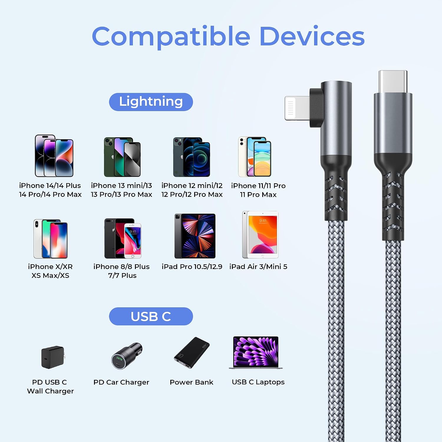 Thumbnail 6 de BASESAILOR iPhone 14 right‑angle 3m Lightning cable
