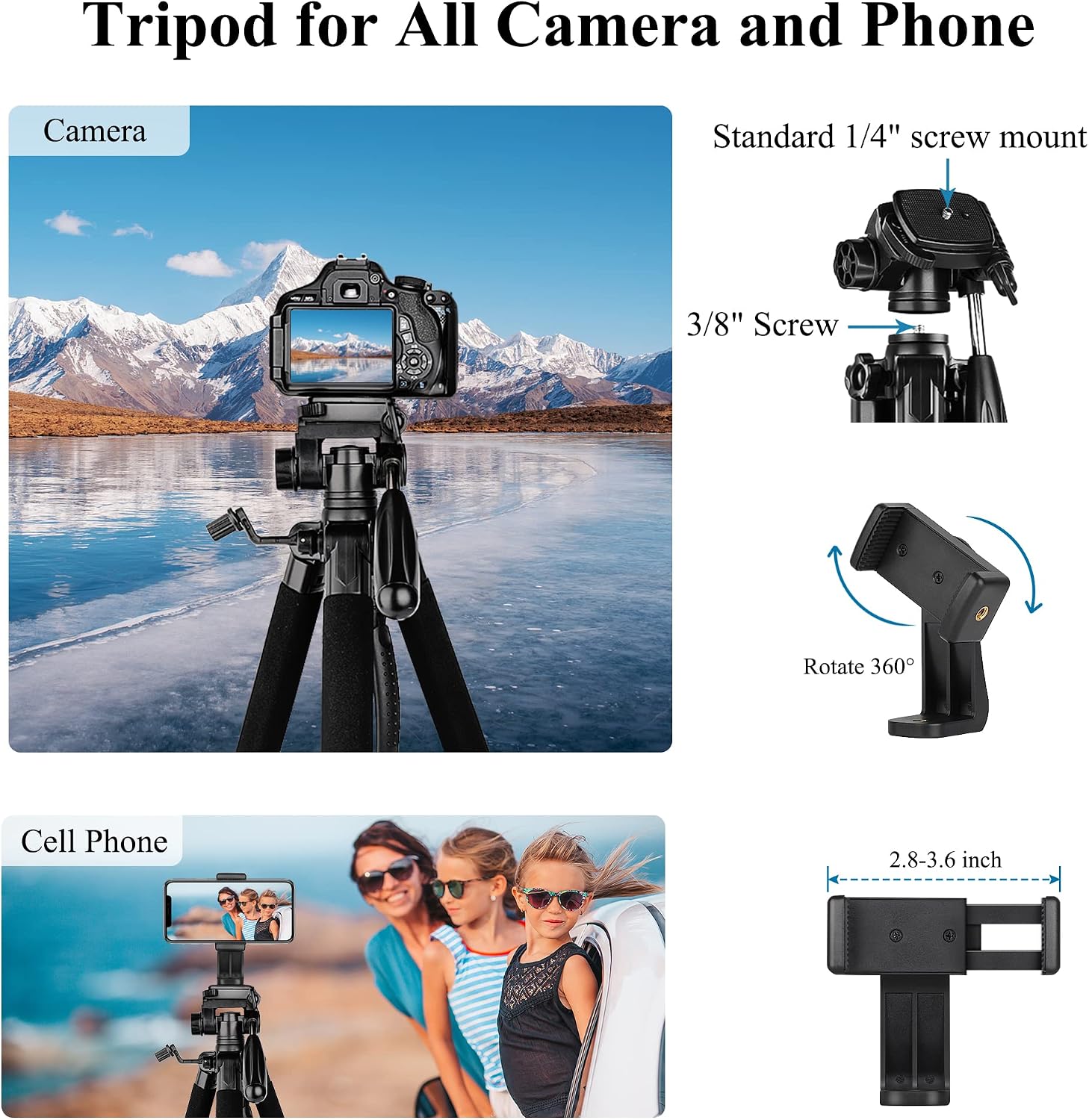 Detalle de VICTIV 74” Camera Tripod with Phone Holder: Versatile Tall & Compact Stand