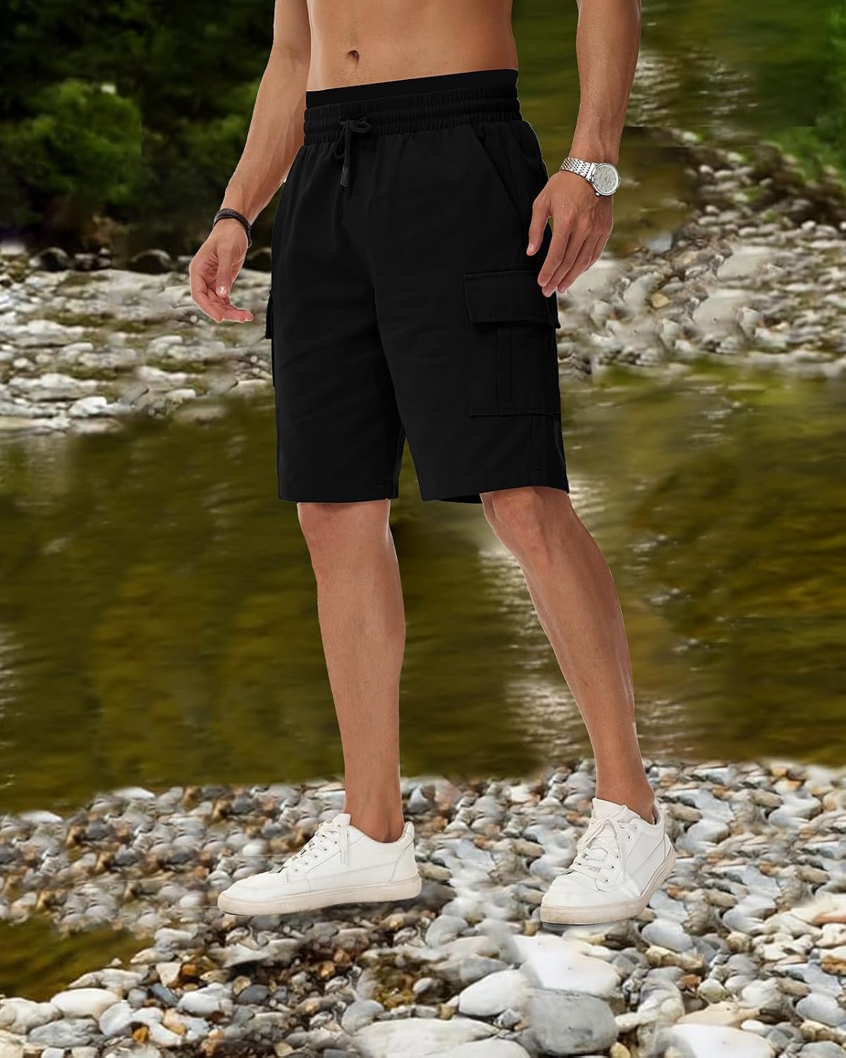 Detalle de HMIYA Kurze Cargo-Hosen für Herren aus Baumwolle – robuste, bequeme Shorts mit 6 Taschen