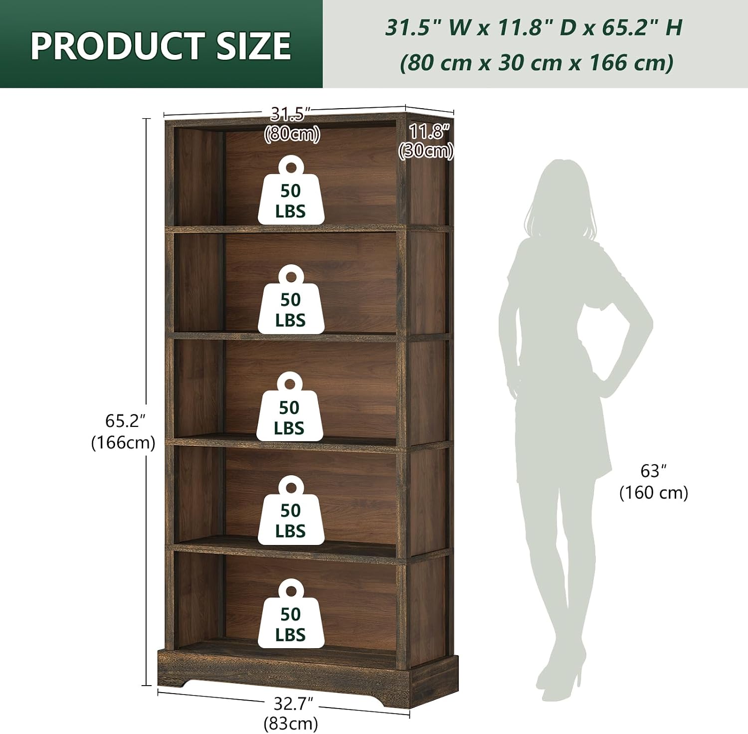 Detalle 2 de TVU 5-Tier Solid Wood Book Shelf (Walnut) — Floor-Standing 65" Farmhouse Bookcase