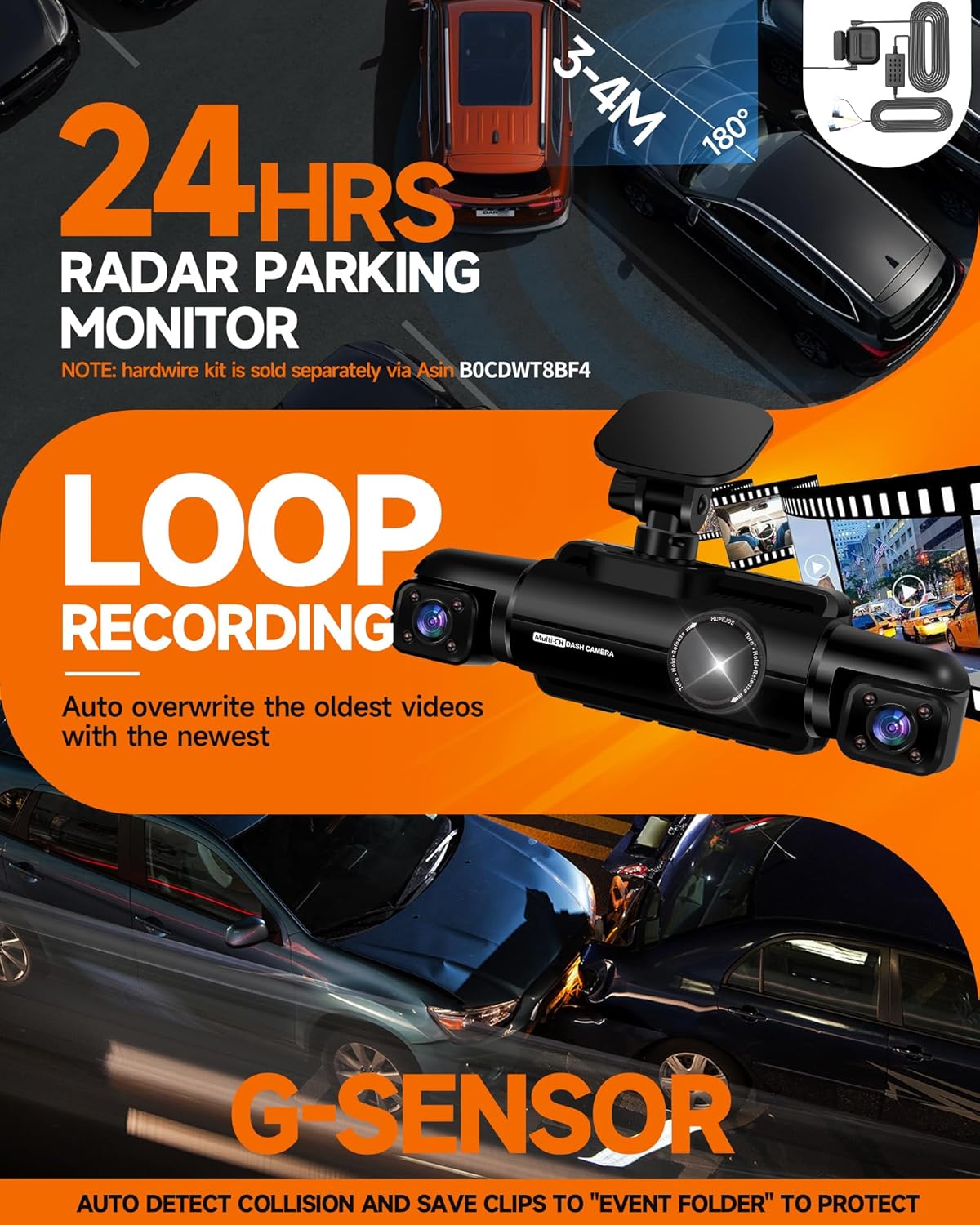 Detalle de Neideso N700 4-Channel Dash Cam: 360° Coverage, 3K Front + 3×1080P & 5GHz WiFi