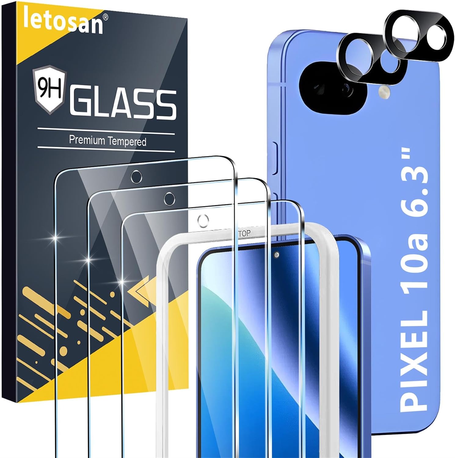 Detalle de letosan Pixel 10a Screen Protector Kit, 9H Tempered Glass, 3 Screen and 2 Camera Protectors