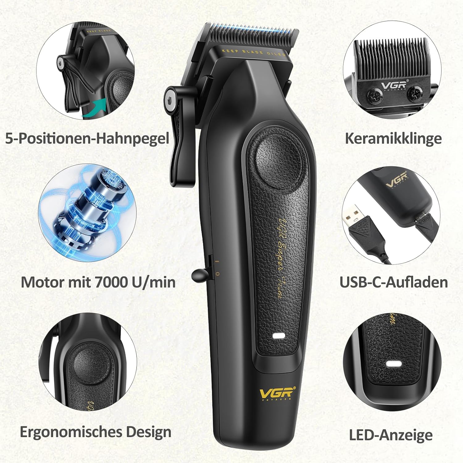 Thumbnail 4 de VGR 197 & 995 Profi Haarschneidemaschine Set – Kabelloses Metall- und Keramikklingen-System, 10 Aufsteckkämme, LED-Anzeige