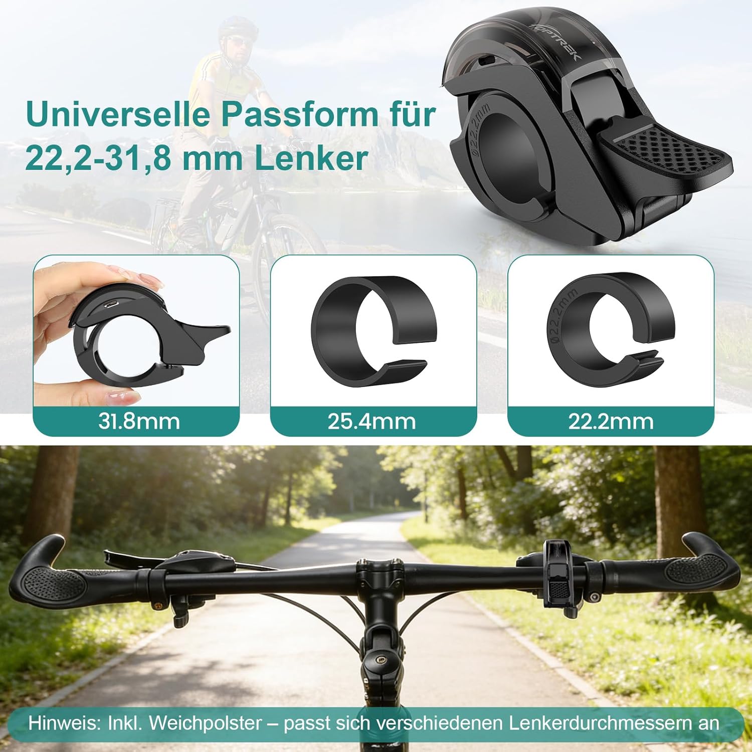 Thumbnail 4 de toptrek Fahrradklingel Mountainbike 2026 – 110 dB, Alu-Legierung, für Lenker 22,2–31,8 mm