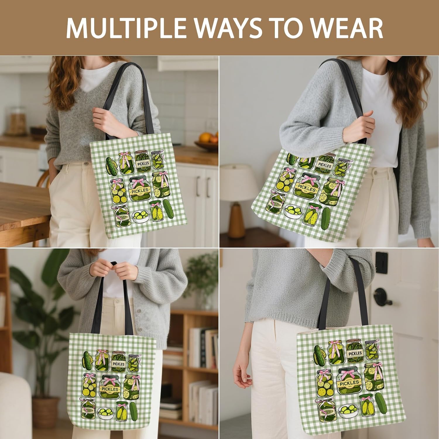 Detalle de Shaeotek Travel Canvas Tote Bag – Cucumber Jar Themed, Foldable & Spacious for Women