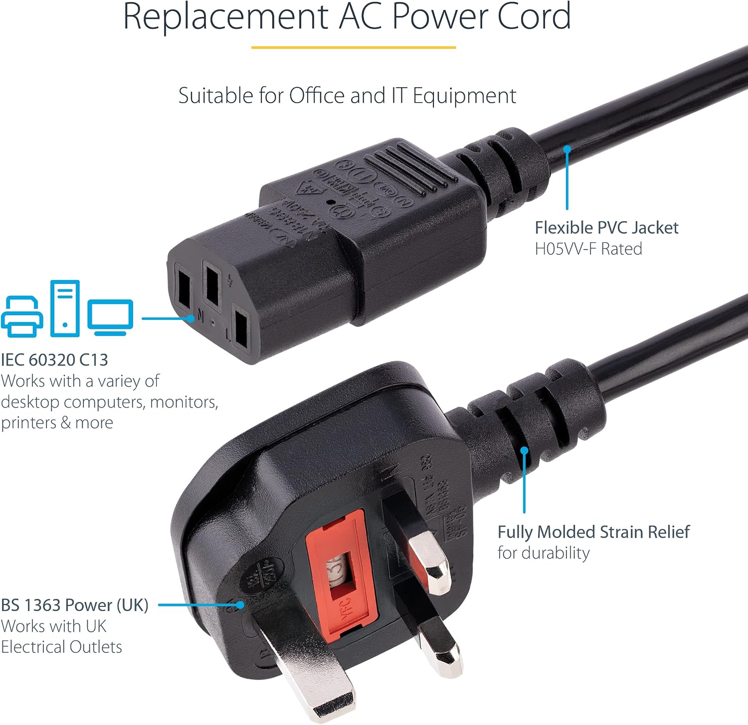 Thumbnail 1 de StarTech PXT101UK3M 3m UK Computer Power Cable (BS 1363 to IEC C13) 10A 250V