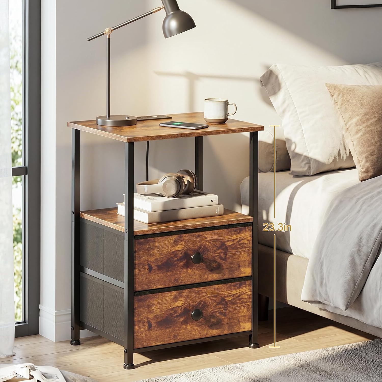 Thumbnail 1 de LOAKEKEL Night Stand Set of 2 with Charging Station, 2 Fabric Drawers and Storage Shelves