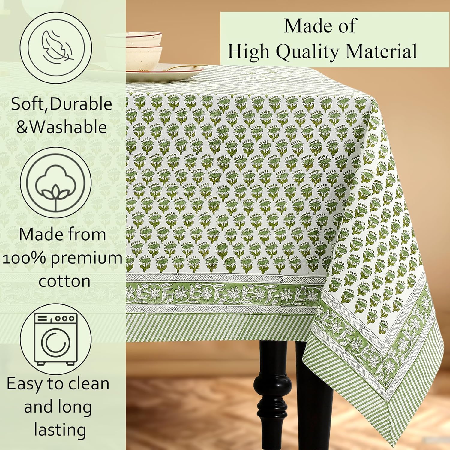 Thumbnail 6 de CPC Tablecloth 100% Cotton 72x140 Inch Emerald Green Indian Block Print Rectangle Table Cover