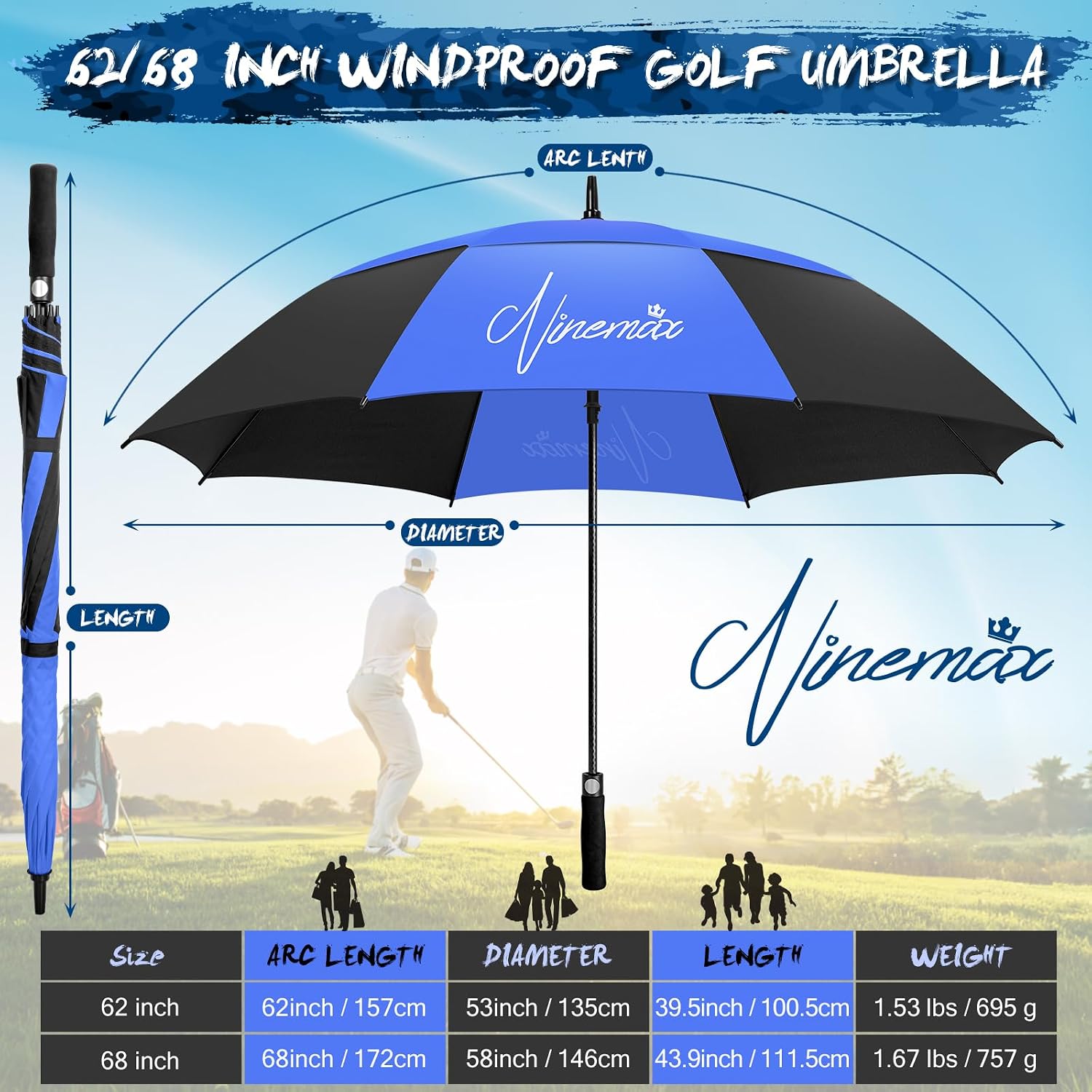 Detalle 2 de NINEMAX golfparaply 62/68 inch med automatisk öppning och dubbeltak
