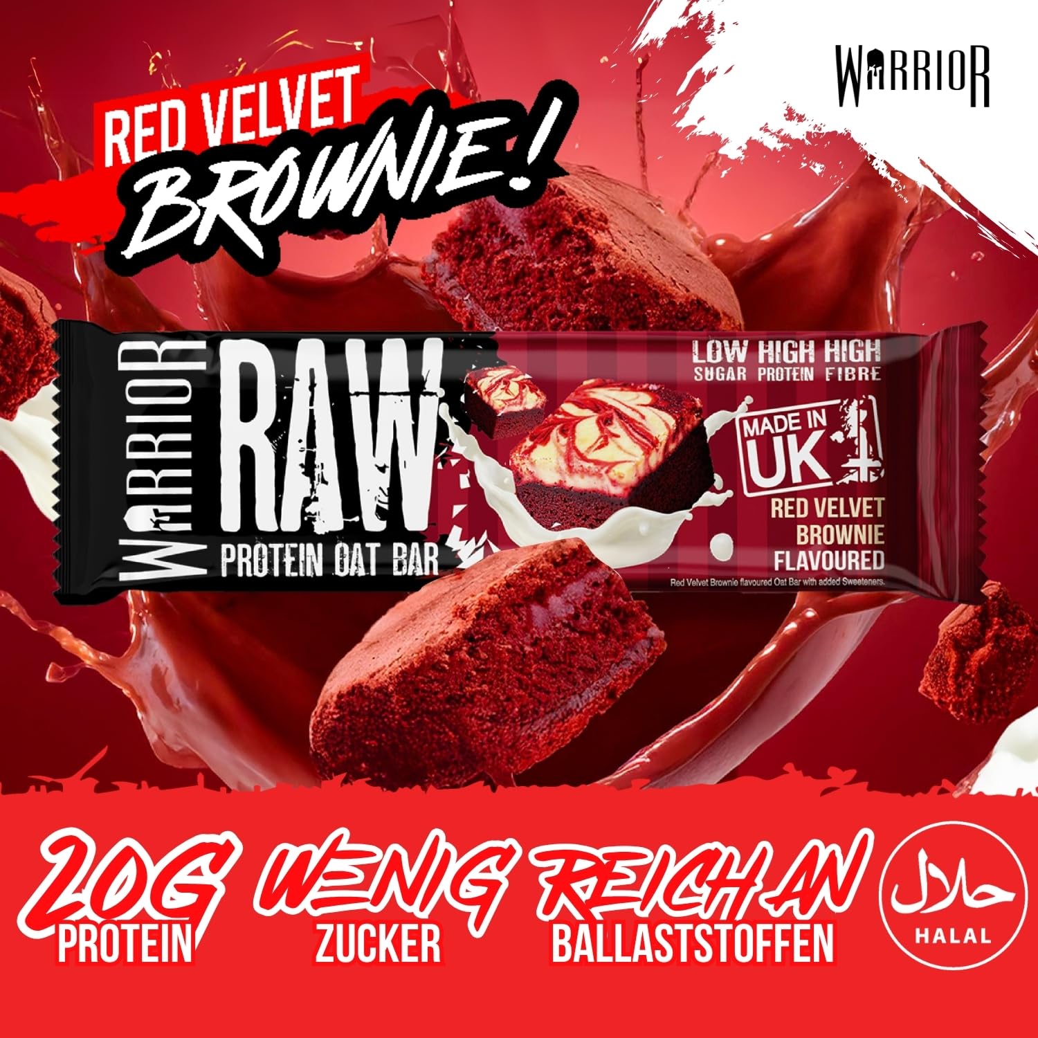 Detalle de Warrior Raw Protein Riegel Flapjack (Red Velvet Brownie) – zuckerarm, ballaststoffreich, 12 x 75 g