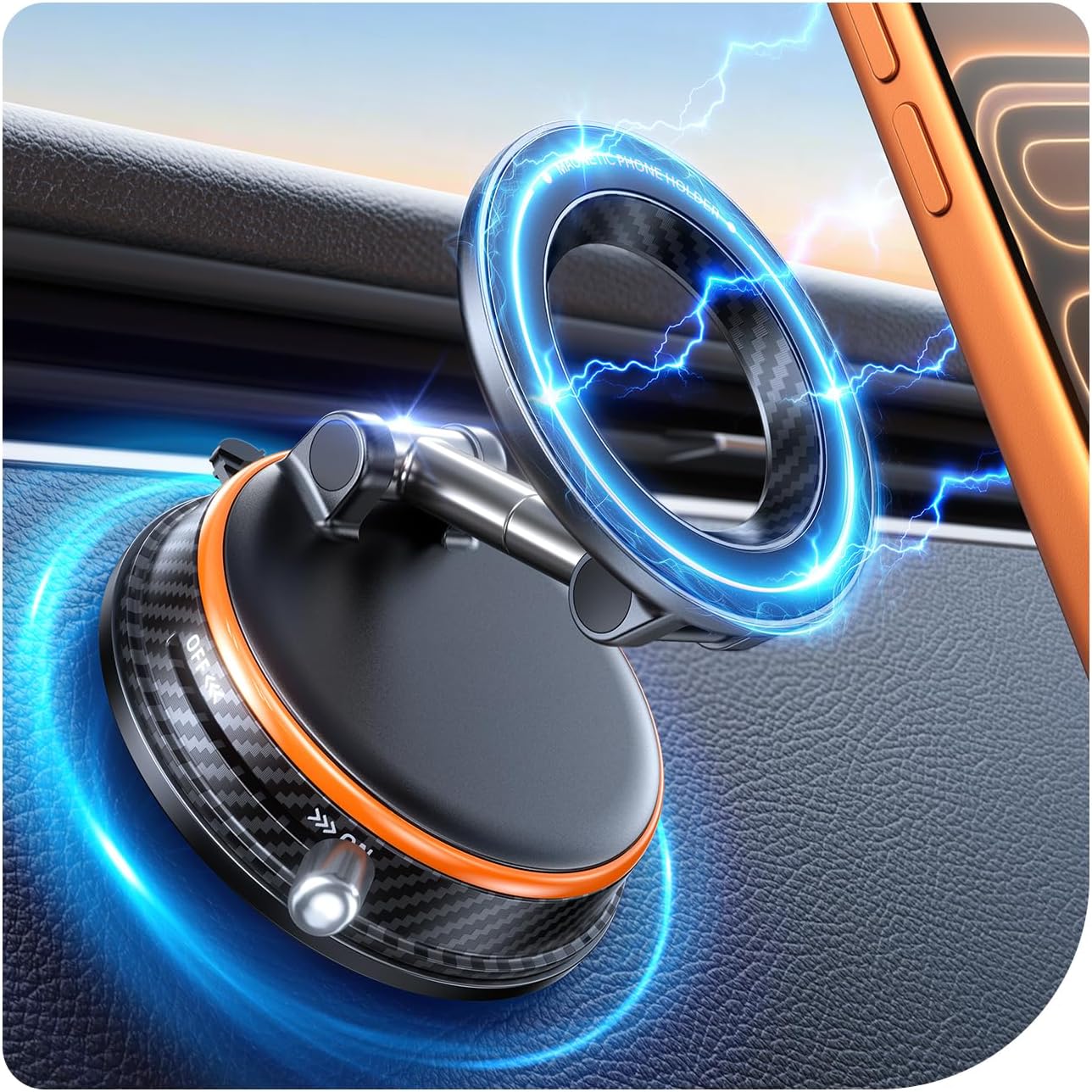 Detalle de Peerock Upgraded MagSafe Car Phone Holder (108+ lb suction, 3000gf magnetic) – 360° Adjustable Mount for iPhone & Android (Orange)