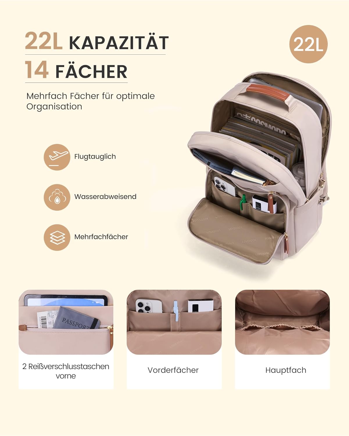 Detalle 2 de LOVEVOOK Damen-Rucksack wasserdicht für 15,6‑Zoll Laptop (22 L, 14 Fächer)