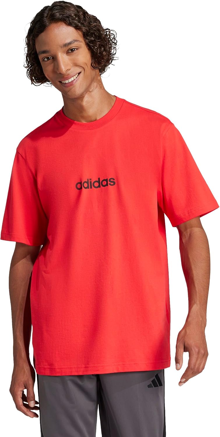 Detalle de adidas Hombre Essentials Linear Single Jersey Shirt – Pure Ruby/Black, L