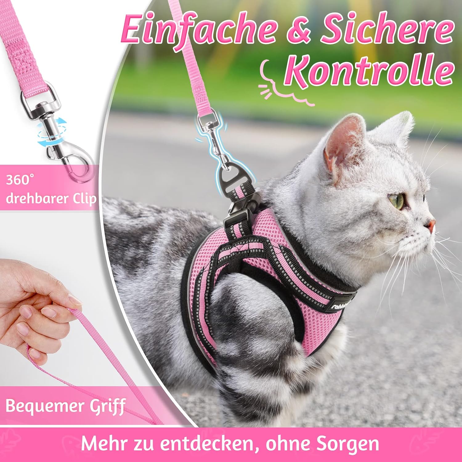 Detalle de rabbitgoo Katzengeschirr mit Katzenleine-Set (ausbruchsicher, verstellbar) Rosa – für Kitten & Welpen