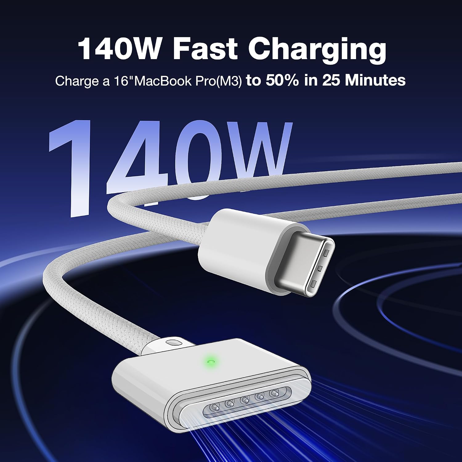 Detalle de Hugener Magnetisch 3 USB-C Kabel 2m – 140W Magnet-Ladekabel mit LED, kompatibel mit MacBook Air/M Pro (M4/M3/M2/M1) 13–16 Zoll, Weiß
