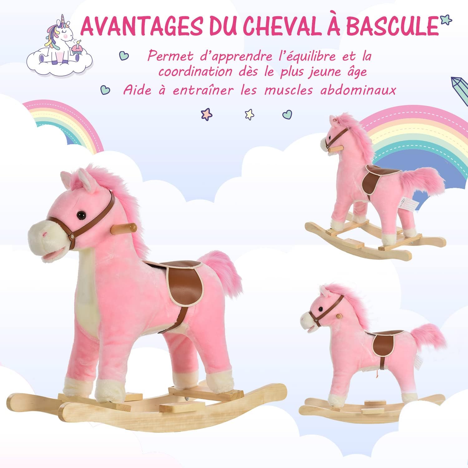 Detalle de HOMCOM Cheval à Bascule Selle Grand Confort Peluche Courte Douce Bois peuplier Brun