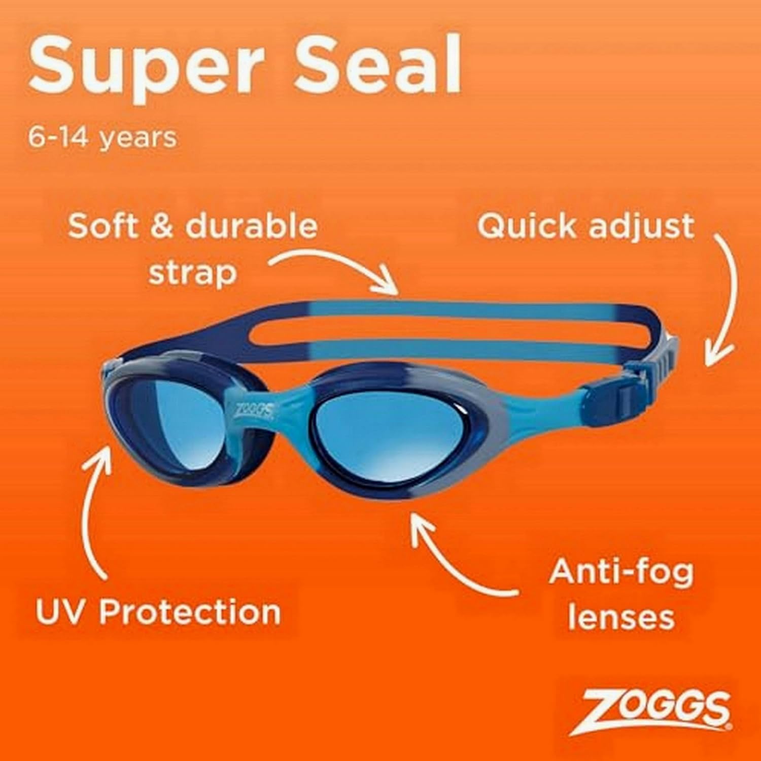 Thumbnail 1 de Zoggs Super Seal Kids Swimming Goggles (Ages 6–14) – UV Protection, Anti-Fog, Quick-Adjust Comfort Strap