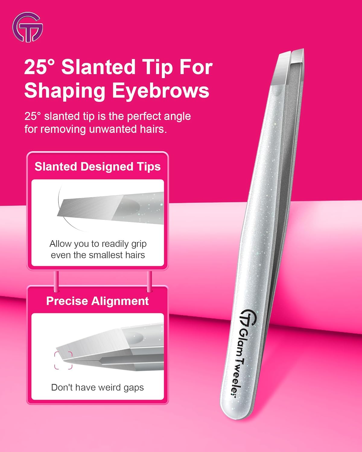 Detalle de GlamTweeler Expert Slant and Point Tip Tweezer Set (Sparkle Silver) with Storage Case