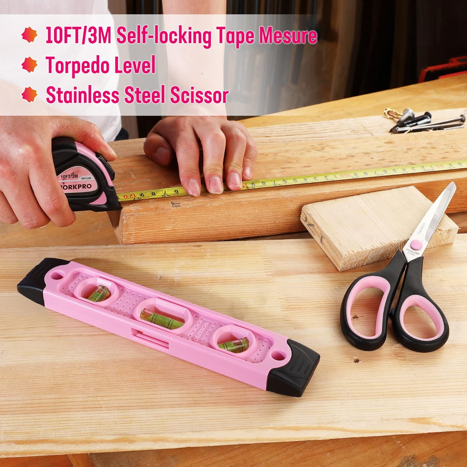 Detalle de WORKPRO 74-Piece Tool Set with Cordless 3.7V Screwdriver (Pink) – Practical DIY Kit for Everyday Home Repairs