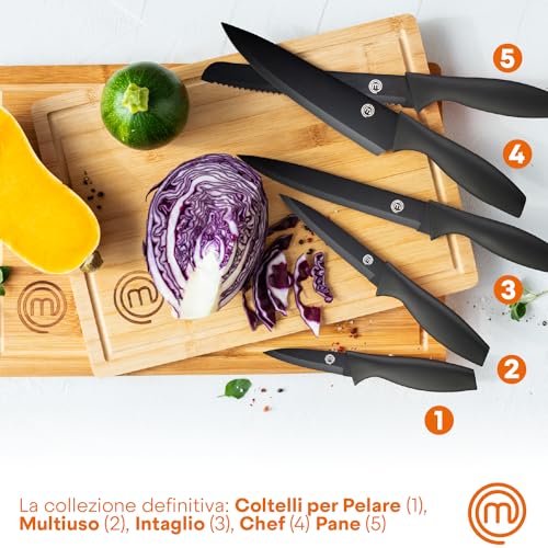 Detalle 2 de MasterChef Set Coltelli da Cucina con Ceppo Universale – 5 Pezzi, Lame Affilate, Manici Neri