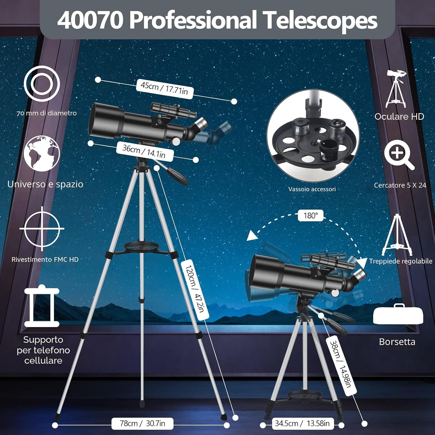 Detalle 2 de Mijiao Telescopio Astronomico 70 mm: lente di 400 mm, 90X, treppiede regolabile e trepide viaggio