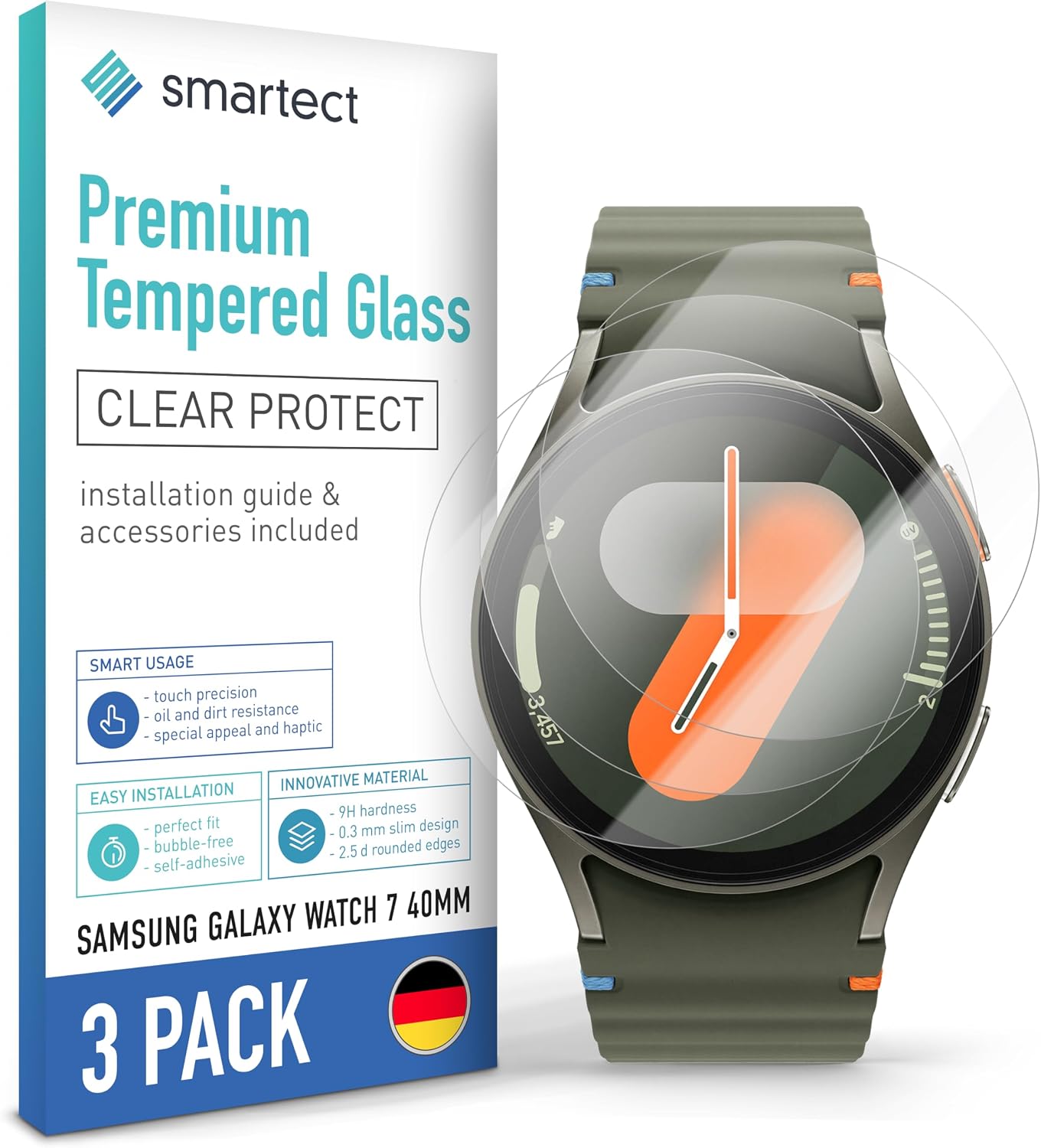 Detalle de SmarTect Glass Screen Protector for Samsung Galaxy Watch 7 40mm, 3-Pack, 9H