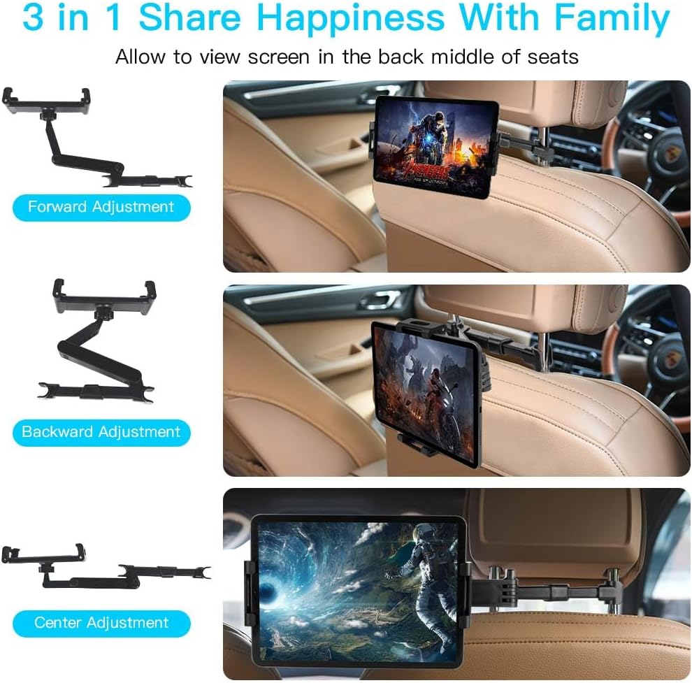 Thumbnail 3 de URAQT Car Headrest Tablet Mount: 360° Rotating Back Seat iPad Holder with Foldable Arm