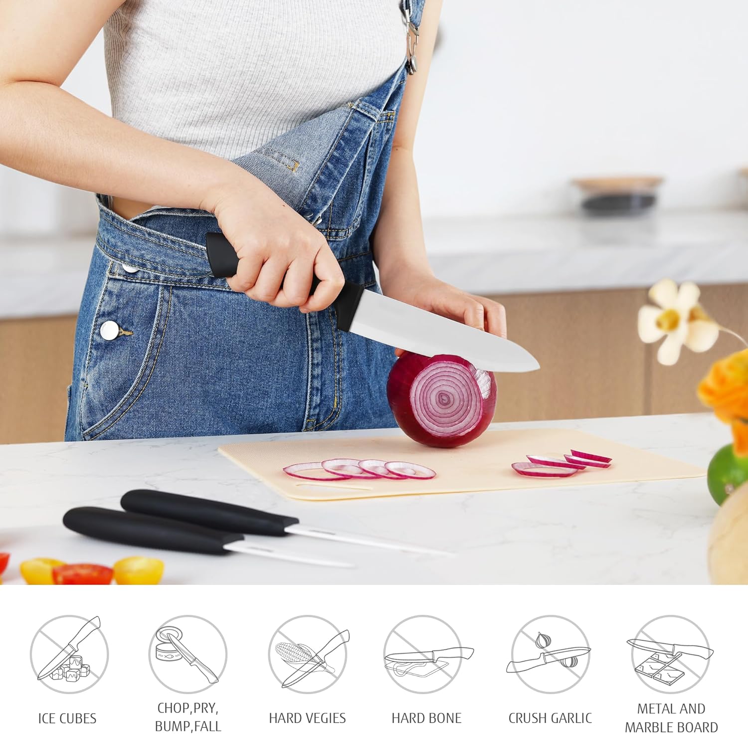 Thumbnail 5 de Set de couteaux en céramique hecef (3 pièces) : couteau de chef 30 cm, couteau à fruits 4" et couteau d’office 3" – blanc