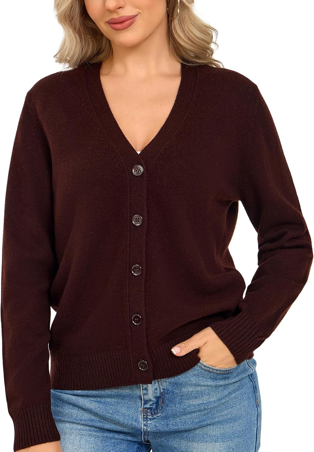 Detalle de VETLURY Damen-Strickjacke aus 100% Merinowolle – V-Ausschnitt, grob offen, Perlmuttknöpfe