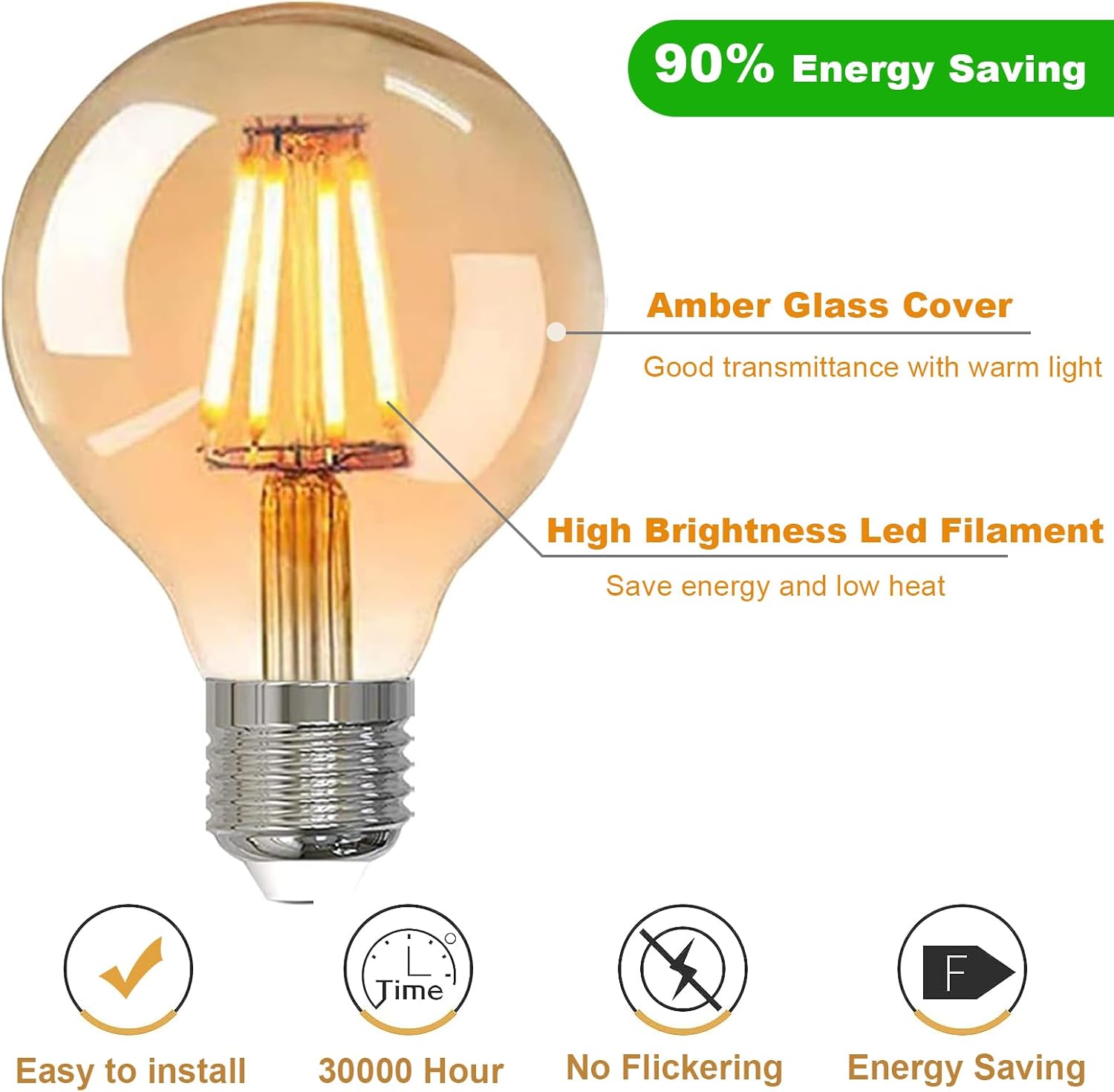 Thumbnail 1 de YOUDIAN E27 LED Edison Filament Bulb (Pack of 6): 4W 2700K, 400 lm, CRI >90, Amber Glass