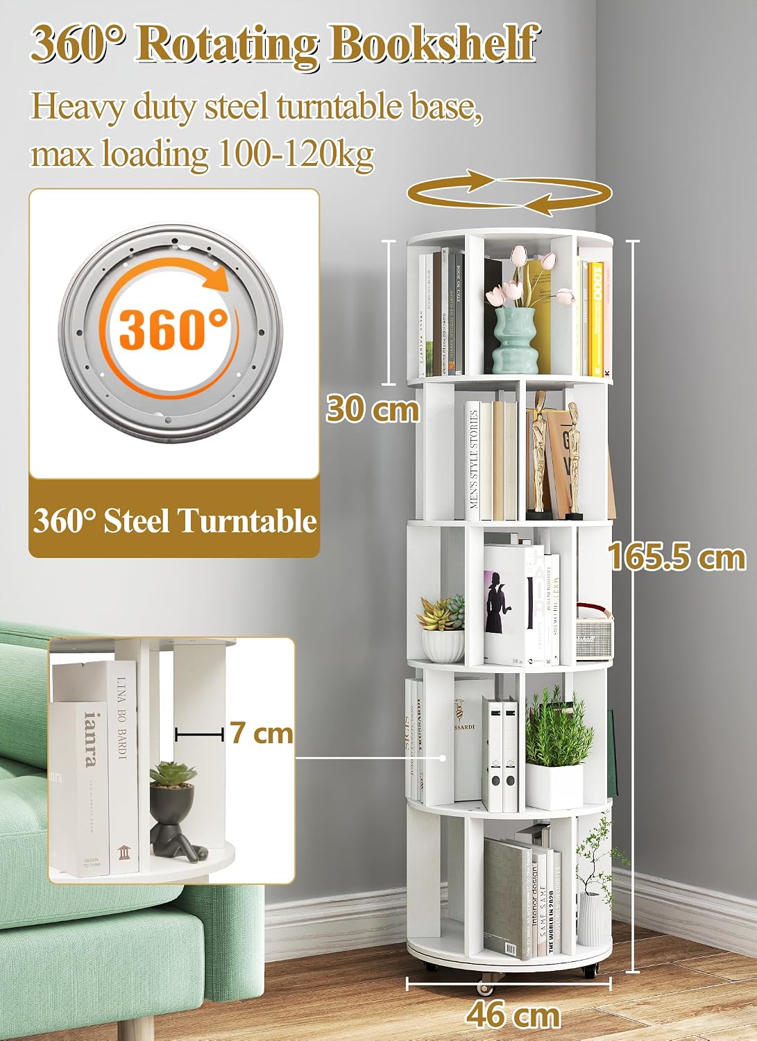 Detalle 2 de yeshine Rotating 5-Tier Corner Bookshelf (360° Revolving, White) for Small Spaces