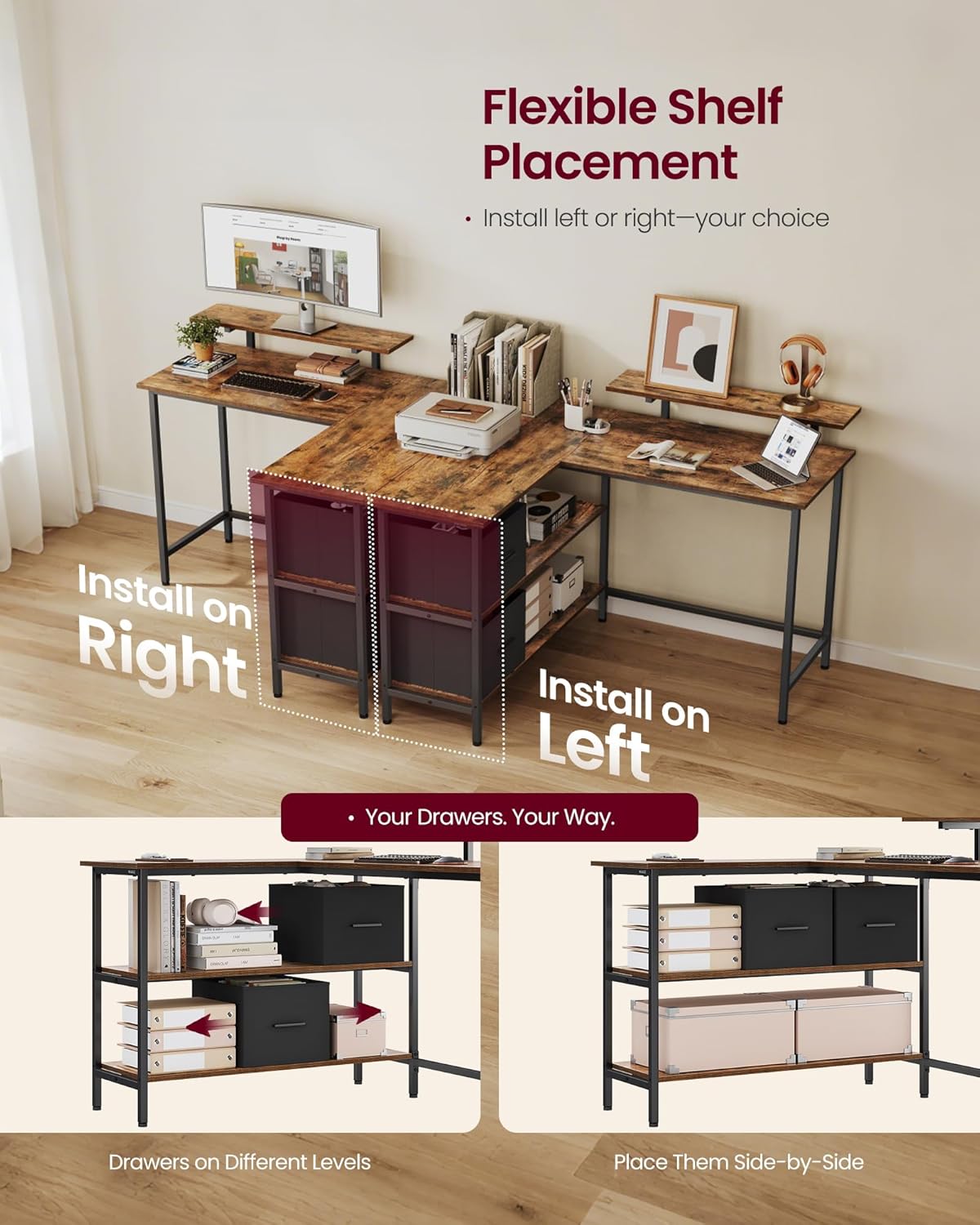Thumbnail 2 de VASAGLE L-Shaped Desk with 2 Drawers (LWD097B01) — Reversible Corner Computer Desk in Rustic Brown