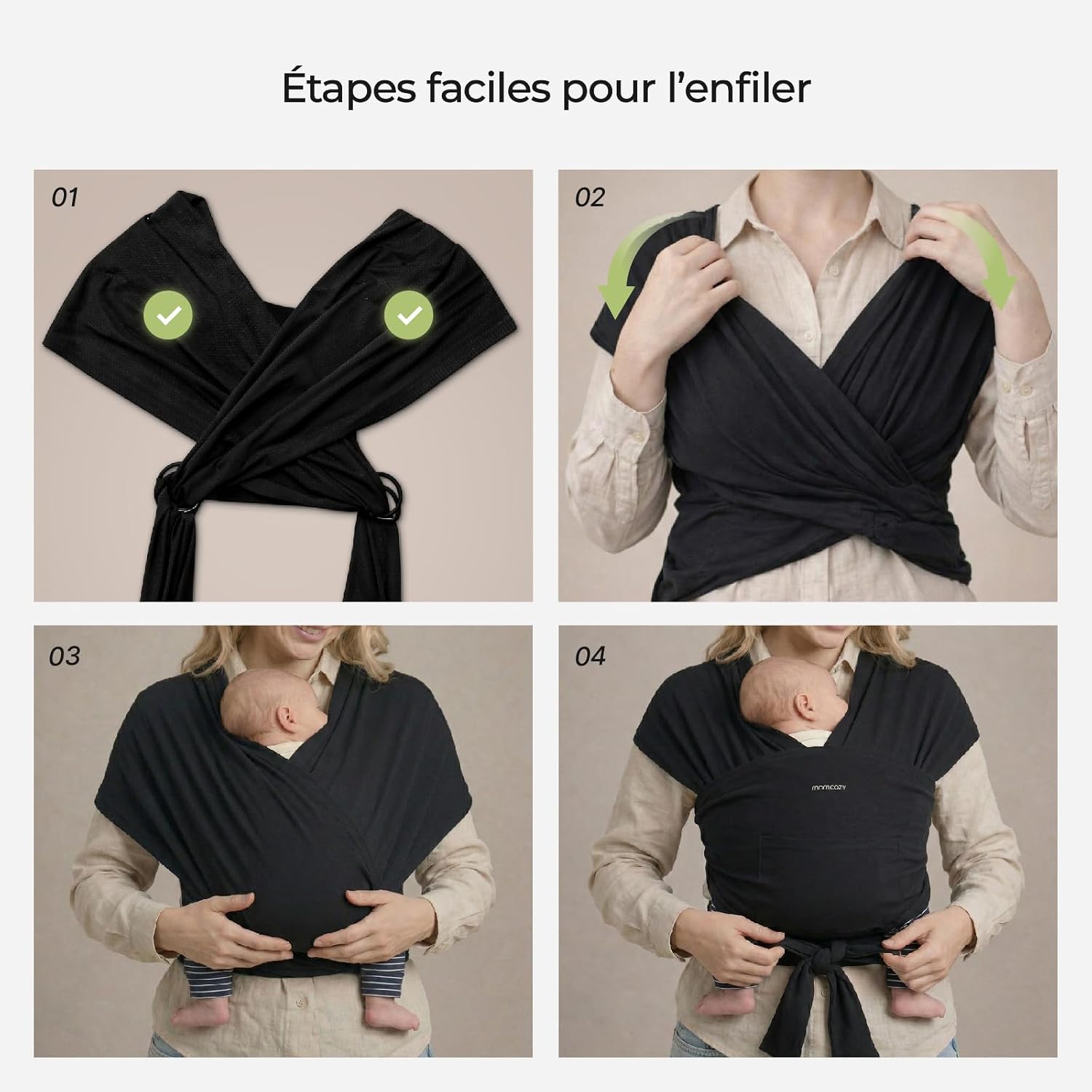 Detalle de Momcozy Écharpe de Portage Bebe avec Anneaux - Sling Noir 3,6 à 15 kg