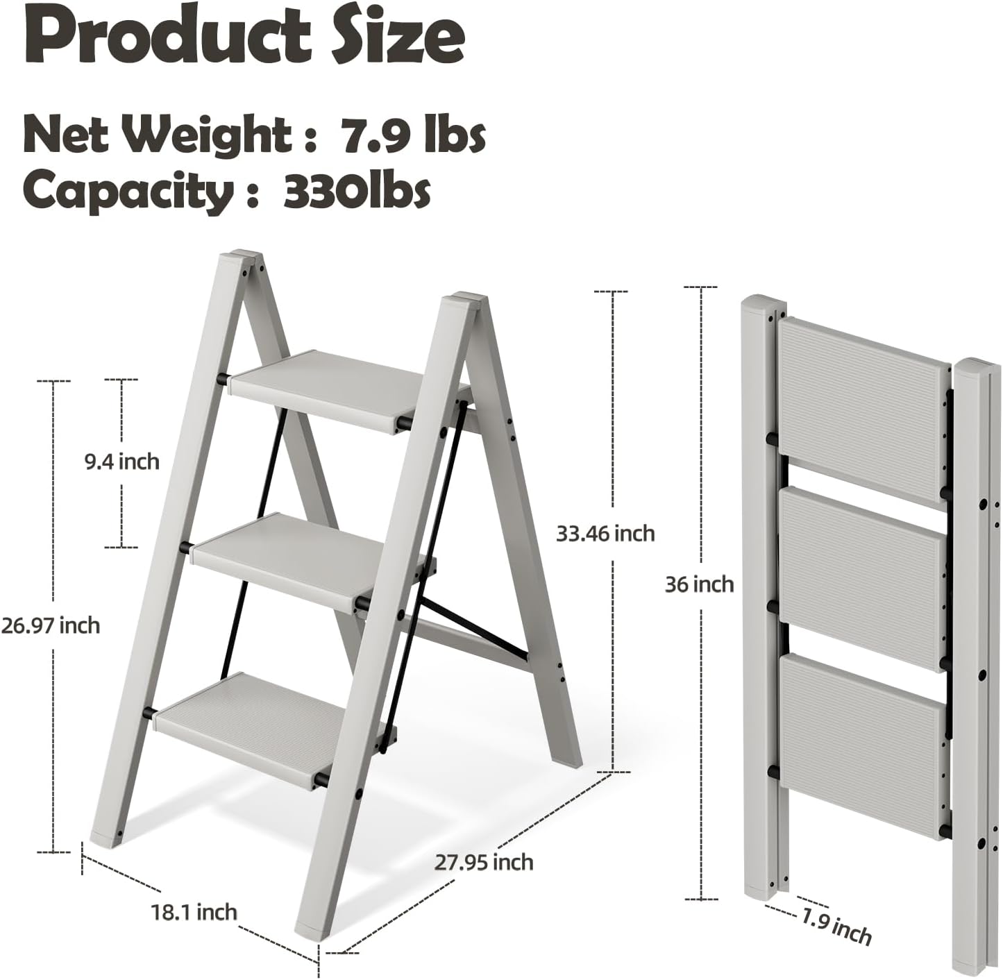Detalle 2 de taranta L0203 3-Step Aluminum Step Stool, Foldable, Misty Gray, 330 lb Capacity
