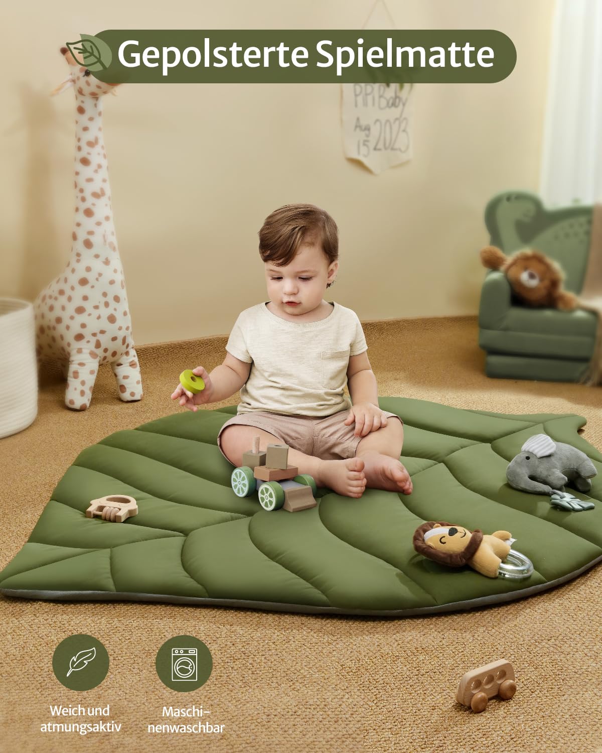 Thumbnail 4 de Blissful Diary Baby-Spielbogen mit Activity-Playmatte „Waldgrün“ und 6 abnehmbaren Spielzeugen (Übergroßes Blatt, 135 × 94 × 2,5 cm)