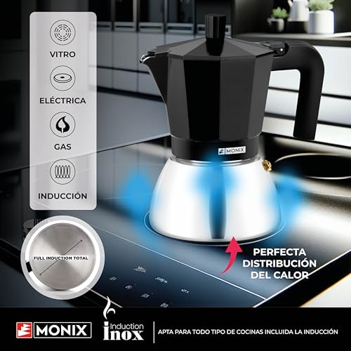 Detalle de Monix Induction Inox: Cafetera italiana de inducción, 6 tazas en negro