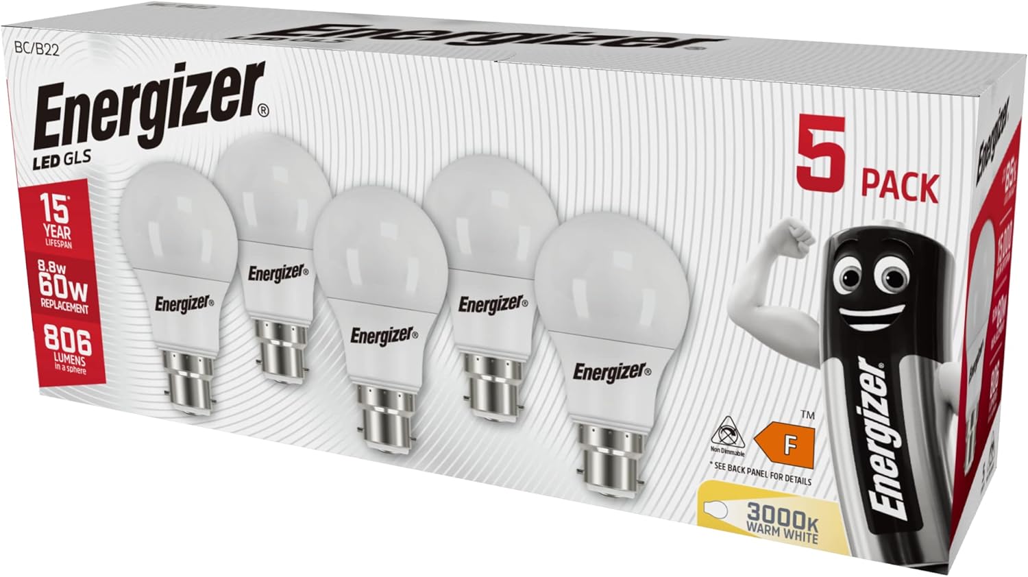 Thumbnail 6 de Energizer Bayonet LED Bulbs 60W Equivalent, B22, Daylight White 6500K – Pack of 5